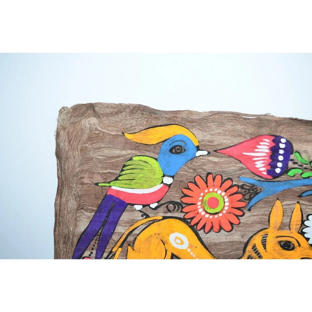 Vtg Mexican Folk Art Amate‎ Bark Painting Bright Colors Flowers Fox Rabbit bunny